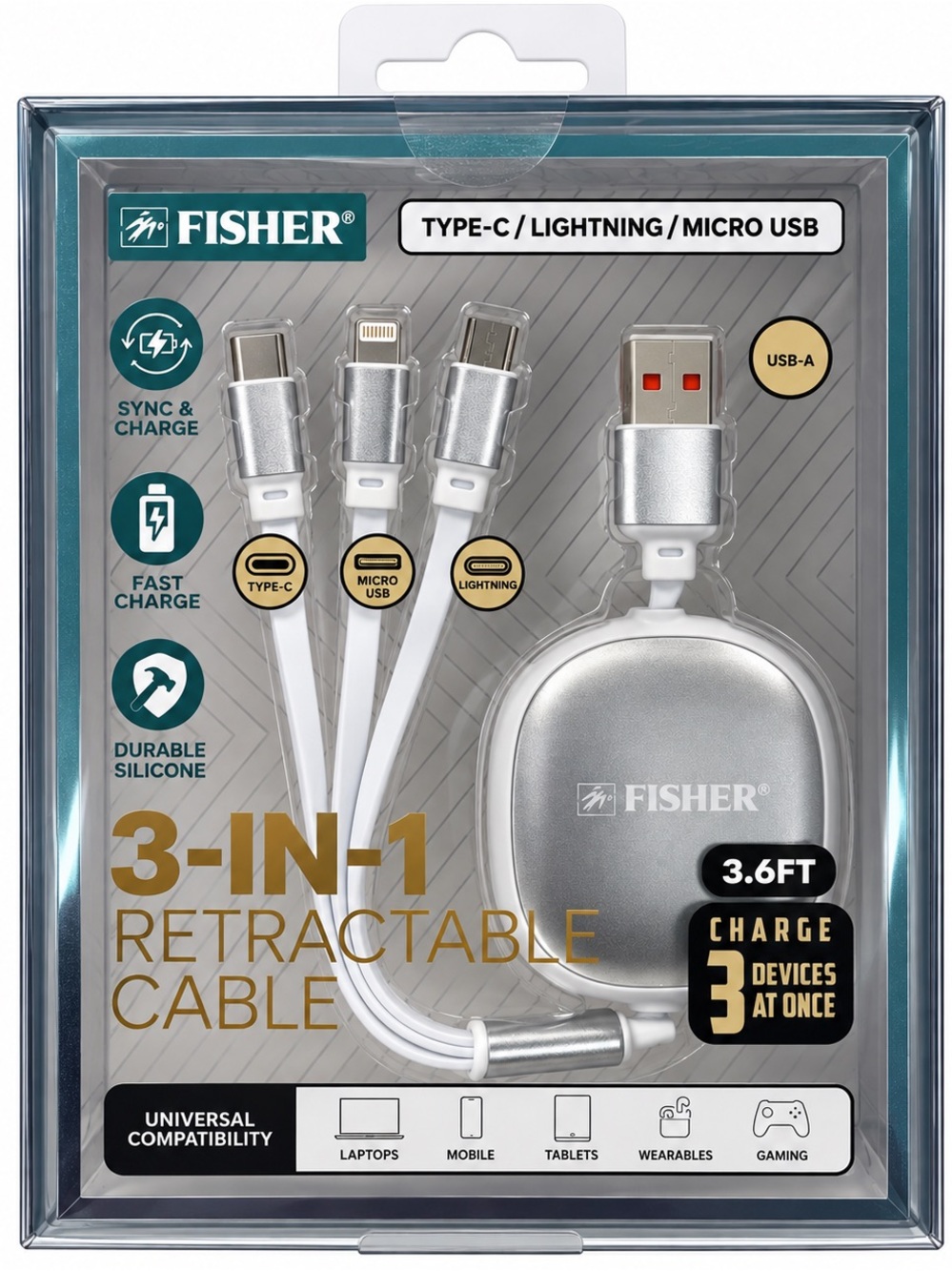 Fisher 3-in-1 Retractable Charging Cable – Silver/White